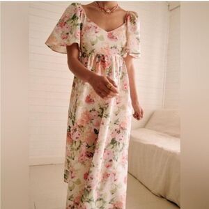 Sézane Emeline Linen Midi Short Sleeve Floral Midi Dress in Romantic Flowers